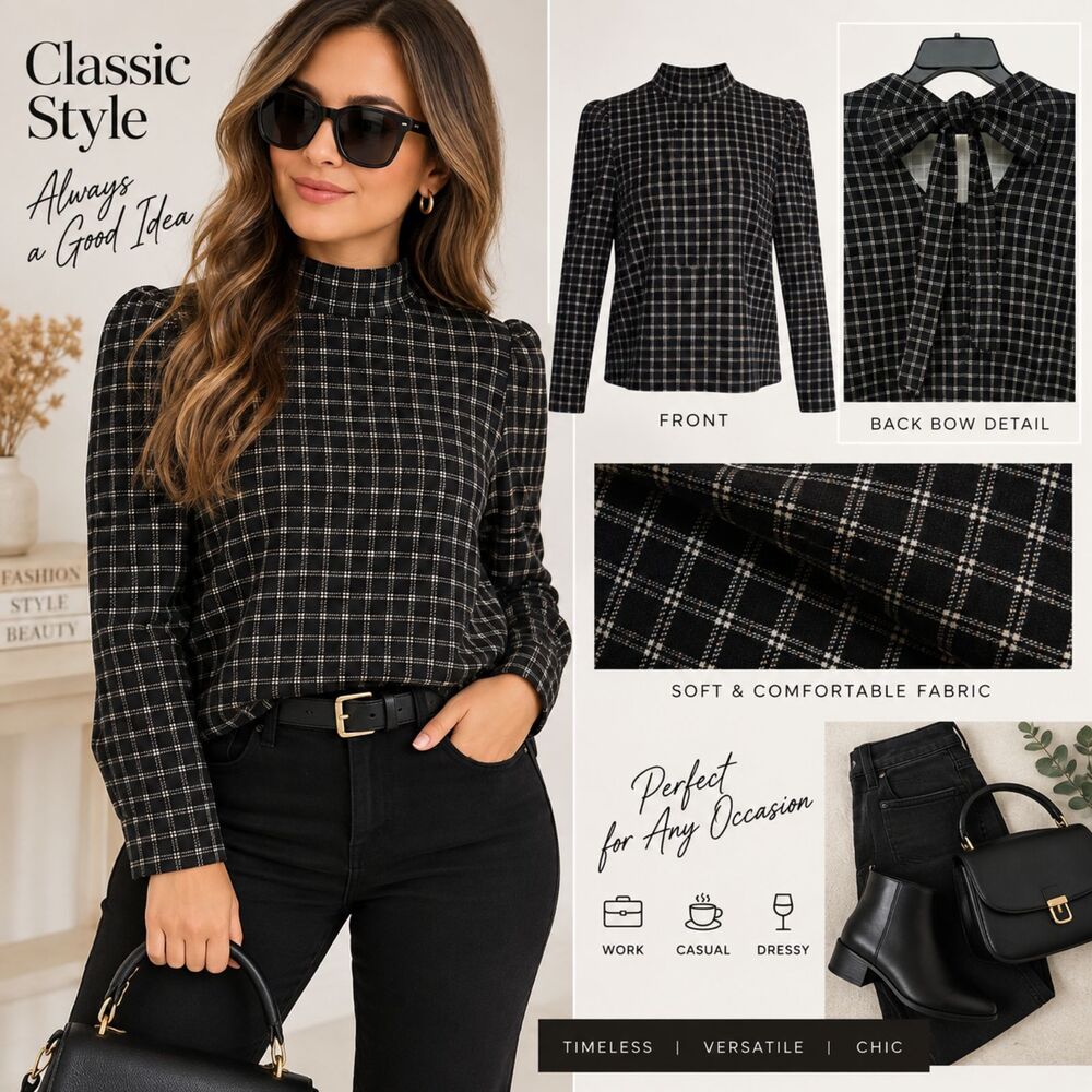 NWT Time and Tru Women’s Black Plaid Mock Neck Puff Sleeve Top XXL (20)